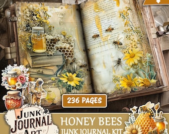 Honey Bees junk journal printable, Junk journal supplies, Junk journal kits, Bee scrapbook paper, yellow floral, ephemera, Honey Bee clipart
