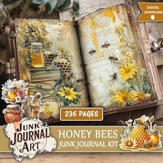 Honey Bees junk journal printable, Junk journal supplies, Junk journal kits, Bee scrapbook paper, yellow floral, ephemera, Honey Bee clipart