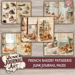 junk journal supplies, junk journal kits, junk journal paper, junk journal pages, Vintage Junk journal, French Bakery, Vintage Patisserie, Croissant Paper, Macaroon Art, Food Junk Journal, Kitchen Scrapbook, Cafe Storefront, fussy cuts