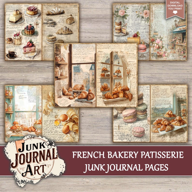 junk journal supplies, junk journal kits, junk journal paper, junk journal pages, Vintage Junk journal, French Bakery, Vintage Patisserie, Croissant Paper, Macaroon Art, Food Junk Journal, Kitchen Scrapbook, Cafe Storefront, fussy cuts