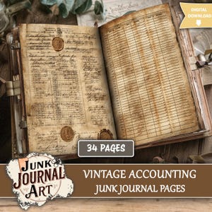 Può includere: Libro contabile vintage aperto con pagine invecchiate e a righe. Il libro presenta una scrittura manoscritta, sigilli di cera e il testo "34 PAGES". La copertina recita "Junk Journal Art" e "Vintage Accounting Junk Journal Pages."