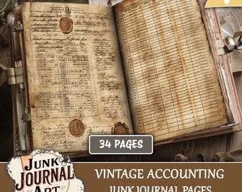 Old Ledger Junk Journal Printable Pages - Vintage Accounting Ephemera Kit , Grunge Office Paper