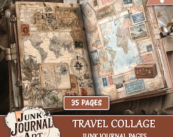 May include: Open junk journal with travel-themed collage pages. The pages feature vintage maps, stamps, and illustrations. The cover is a worn, antique style. Text includes "Travel Collage" and "Junk Journal Art". The journal has 35 pages.