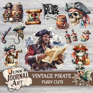 Puede incluir: Una colección de recortes minuciosos con temática pirata vintage. Incluye ilustraciones de calaveras, barriles, un capitán pirata, un mono con catalejo, un gato, un loro y el texto "Vintage Pirate Fussy Cuts".