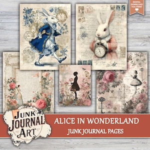 The image is a collage of various artistic elements, including illustrations of a rabbit, a woman, and floral designs. The collage is titled "Alice in Wonderland Junk Journal Art" and includes a "Junk Journal Art" logo at the bottom.