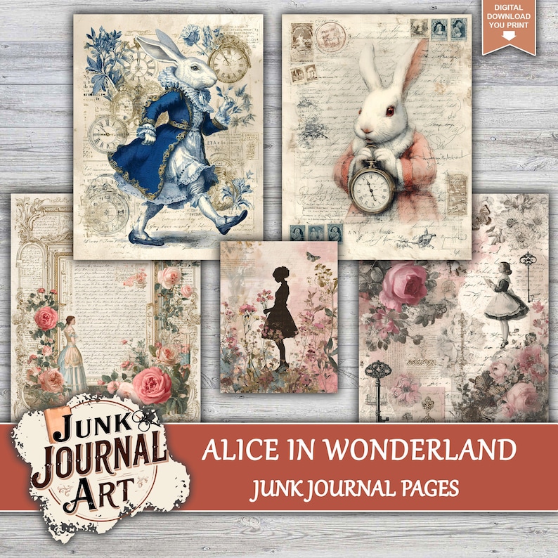 The image is a collage of various artistic elements, including illustrations of a rabbit, a woman, and floral designs. The collage is titled "Alice in Wonderland Junk Journal Art" and includes a "Junk Journal Art" logo at the bottom.