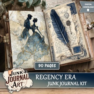 May include: Open junk journal with 90 pages, featuring a Regency Era theme. The pages display illustrations of a couple dancing, a large blue feather, and vintage stamps. The cover is brown with metal clasps. The words "Junk Journal Art" and "Regency Era Junk Journal Kit" are visible.