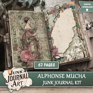 Op de afbeelding: Open junk journal kit met Alphonse Mucha-kunst. De pagina's tonen vintage illustraties van een vrouw, bloemen en decoratieve elementen. De kit bevat 67 pagina's en is een digitale download.