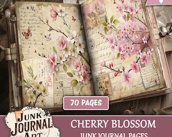 Kit per junk journal a tema fiori di ciliegio - Pagine stampabili vintage giapponesi con sakura e motivi floreali rosa.