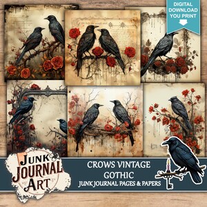 The image is a collage of six vintage-style photographs featuring black crows perched on branches with red roses. The photographs are arranged in a grid format, showcasing the crows in various poses and settings. The collage is titled "Crows Vintage Gothic JUNK ART" and includes text that describes the content of the images, such as "JUNK JOURNAL PAGES & PAPERS".