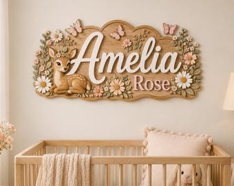 May include: A wooden wall sign featuring the name Amelia Rose in white and pink script lettering. The sign is decorated with a sculpted fawn, various pastel-colored flowers, and three butterflies, all arranged on a scalloped wooden backing.