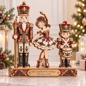 Custom Nutcracker Christmas Wooden Decor, Personalized Family Name Ballet Keepsake, Holiday Tabletop Christmas Decor, Nutcracker Lover Gift