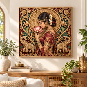 May include: A square wall art piece featuring a profile of a person in a maroon sari holding a pink lotus flower. The background displays intricate gold and teal floral carvings with two symmetrical elephants at the bottom corners.