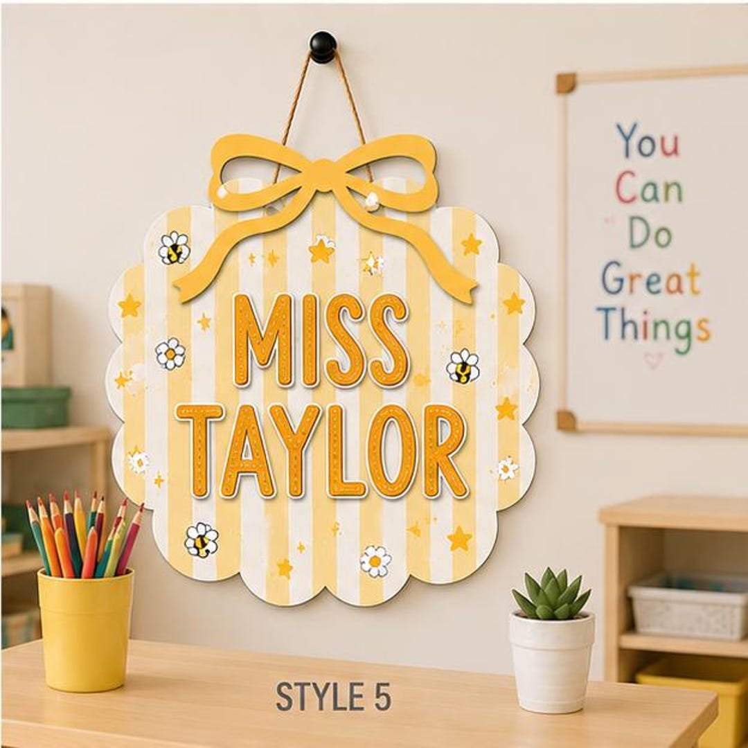 Custom Teacher Name Wooden Sign, Personalized Bow Classroom Door Decor ...