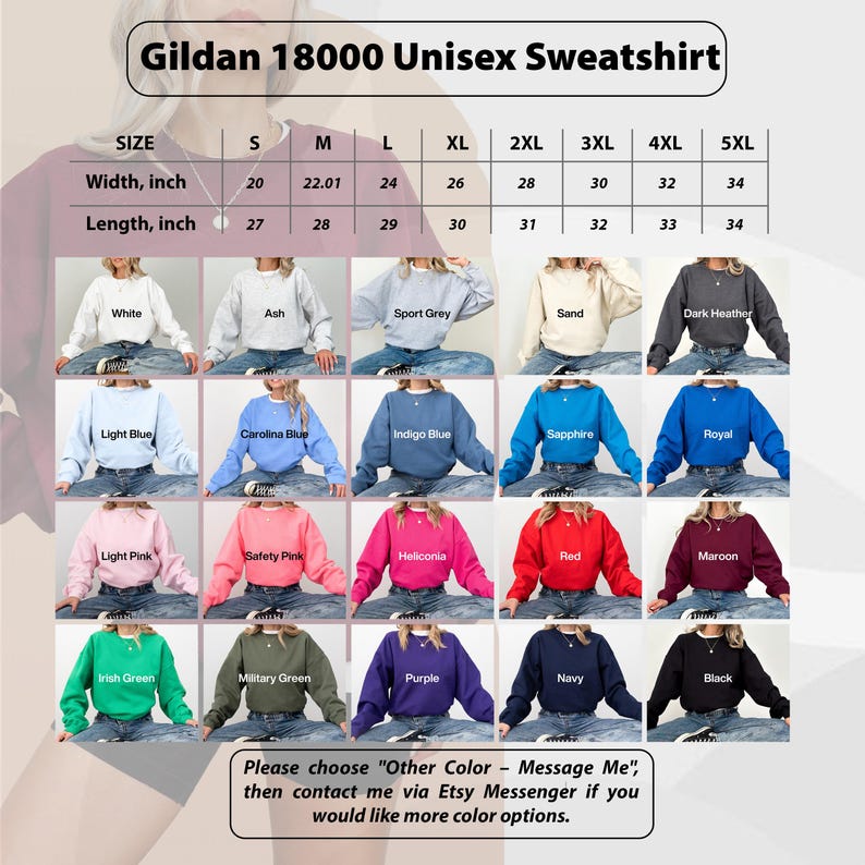 Puede incluir: Sudadera unisex Gildan 18000 en varios colores. La imagen muestra una tabla de tallas con medidas de ancho de 50,8 a 86,36 cm y medidas de largo de 68,58 a 86,36 cm. Los colores disponibles incluyen blanco, gris deportivo y m&aacute;s.