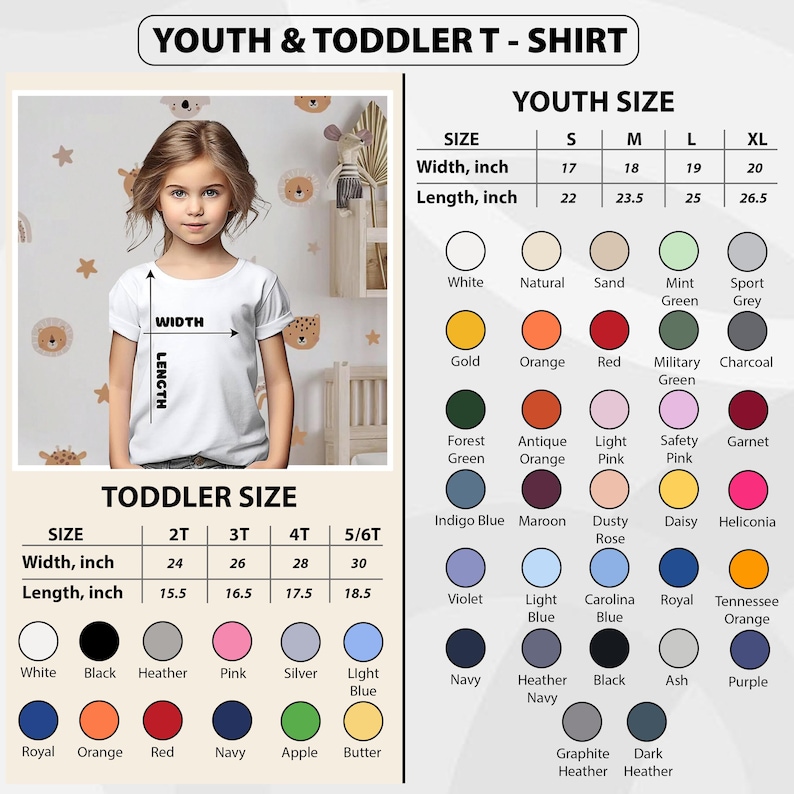 Puede incluir: Una camiseta blanca para j&oacute;venes y ni&ntilde;os peque&ntilde;os con opciones de tallas y colores. Las tallas de las camisetas van de la S a la XL para j&oacute;venes y de la 2T a la 5/6T para ni&ntilde;os peque&ntilde;os. Las opciones de color incluyen blanco, negro y varios otros colores.