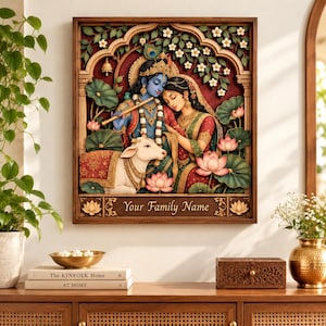 May include: A rectangular wooden wall art piece featuring a 3D relief of Krishna and Radha with a white cow, surrounded by lotus flowers and foliage under an archway. The base includes the engraved text Your Family Name with lotus motifs.