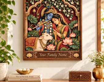 May include: A rectangular wooden wall art piece featuring a 3D relief of Krishna and Radha with a white cow, surrounded by lotus flowers and foliage under an archway. The base includes the engraved text Your Family Name with lotus motifs.