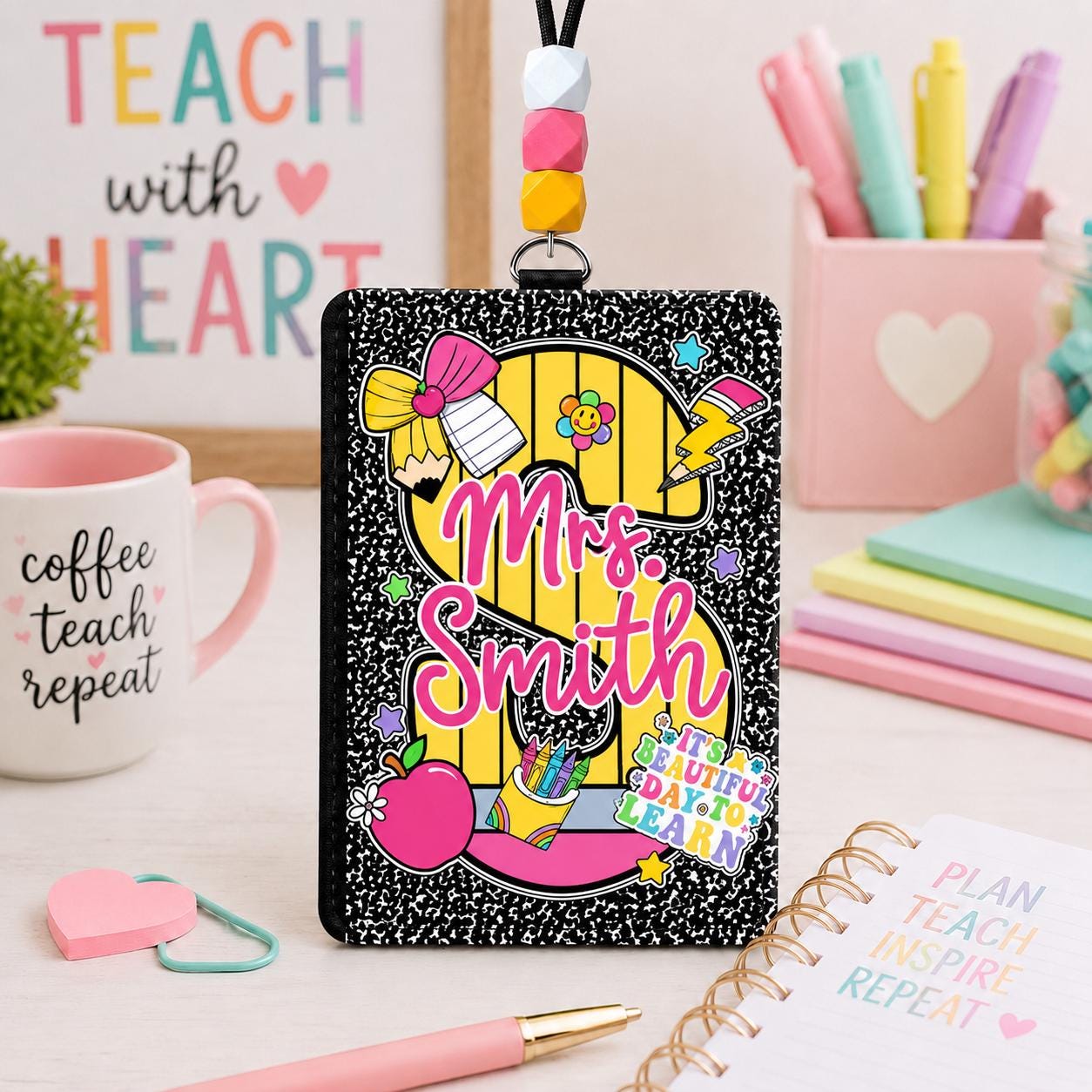Personalized School Teacher Leather ID Holder, Custom Name Badge Card Holder, Teacher Lanyard Accessory, Back To School Gift