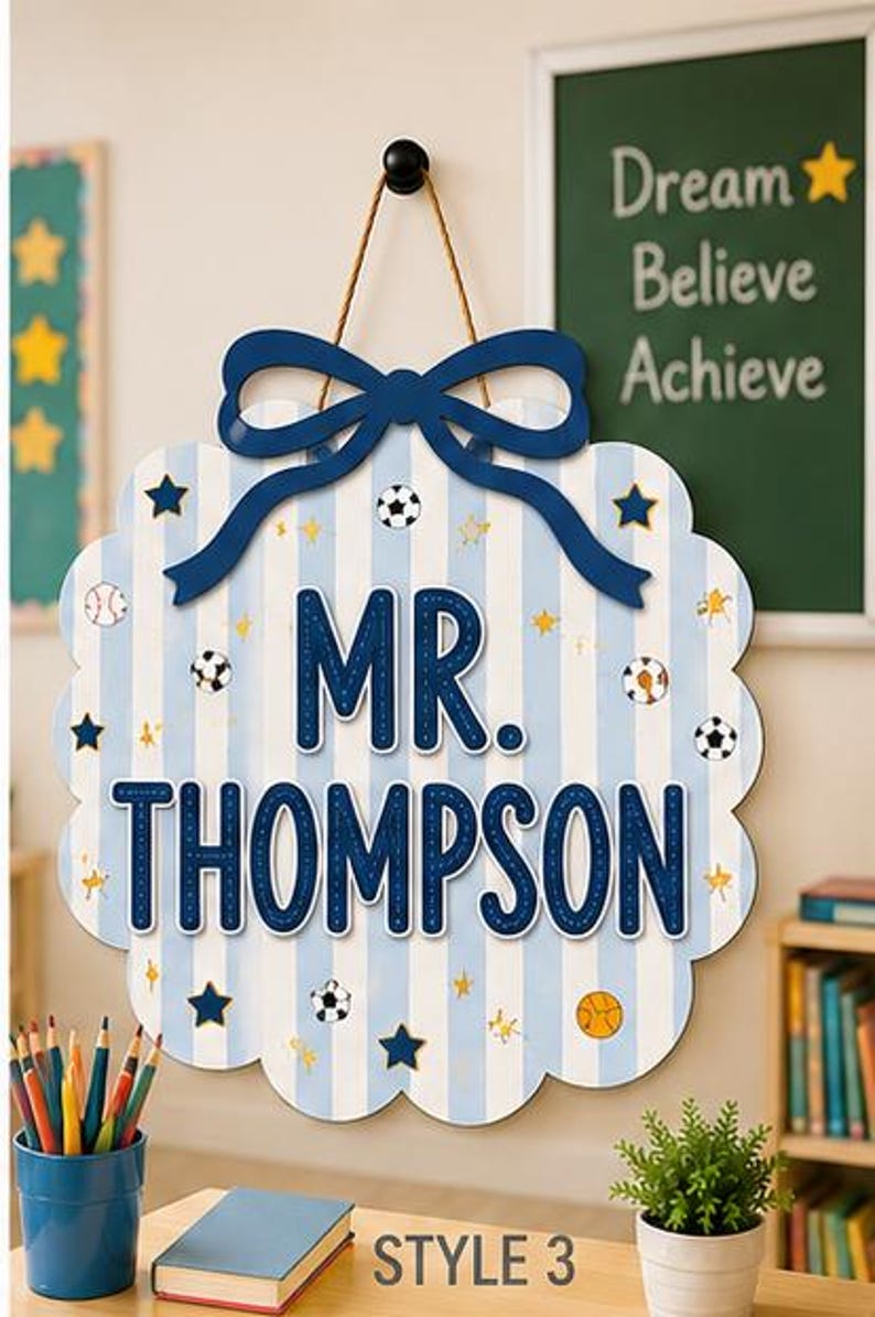 Custom Teacher Name Wooden Sign, Personalized Bow Classroom Door Decor ...