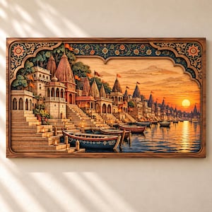 May include: A rectangular wooden wall art piece featuring a detailed relief carving of a riverside city at sunset. The scene depicts stone temples, tiered steps leading to the water, and several small boats floating on the river surface.