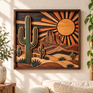 May include: A square wooden wall art piece featuring a layered desert landscape. The scene includes a large saguaro cactus, smaller cacti, rolling dunes, and a sun with radiating beams, all crafted from various shades of wood and dark accents.