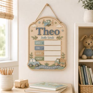 May include: A wooden wall plaque featuring the name Theo, the text Hello World, and blank fields for date, time, weight, and length. The design includes a blue aeroplane, a light blue car, and a green truck with a road motif in muted pastel colours.