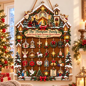 May include: A wooden wall-hanging Christmas advent calendar shaped like a church, featuring a nativity scene at the top, the text 'The Thompson Family Joyful Church Family Christmas Advent Calendar', and twenty-four hanging ornaments with religious motifs.