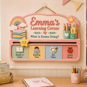 May include: A pink wall-mounted activity board titled Emma's Learning Corner with a rainbow, stack of books, and pencil holder. It features four interactive sections labeled Ready to Learn, Reading Time, Art Time, and Snack Break with icons.