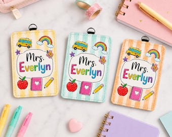 Porta badge personalizzato per insegnanti con nome, porta badge in pelle, regalo di ringraziamento per gli insegnanti per il ritorno a scuola, cordino personalizzato