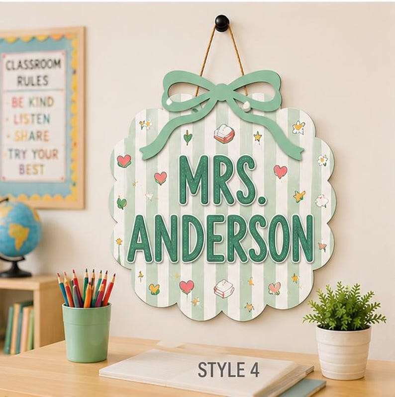 Custom Teacher Name Wooden Sign, Personalized Bow Classroom Door Decor ...