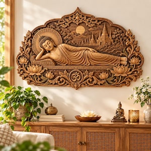 May include: A large, oval-shaped wooden wall carving featuring a reclining Buddha figure resting on a platform. The relief includes intricate floral motifs, lotus flowers, a temple landscape, a sun, and a central Om symbol in a warm brown finish.