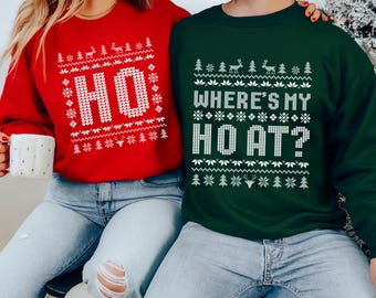 Chemises de Noël moches pour couples rigolos, sweat-shirts de vacances assortis, tenue Where's my ho at Xmas, t-shirts de fête de Noël laids rétro