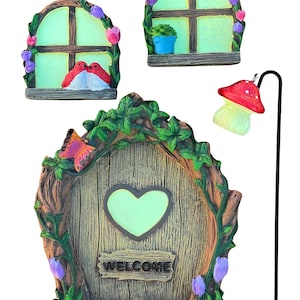 Fairy Garden Door Kit: Hand-Painted Glow-in-the-Dark Windows & Mushroom Lantern