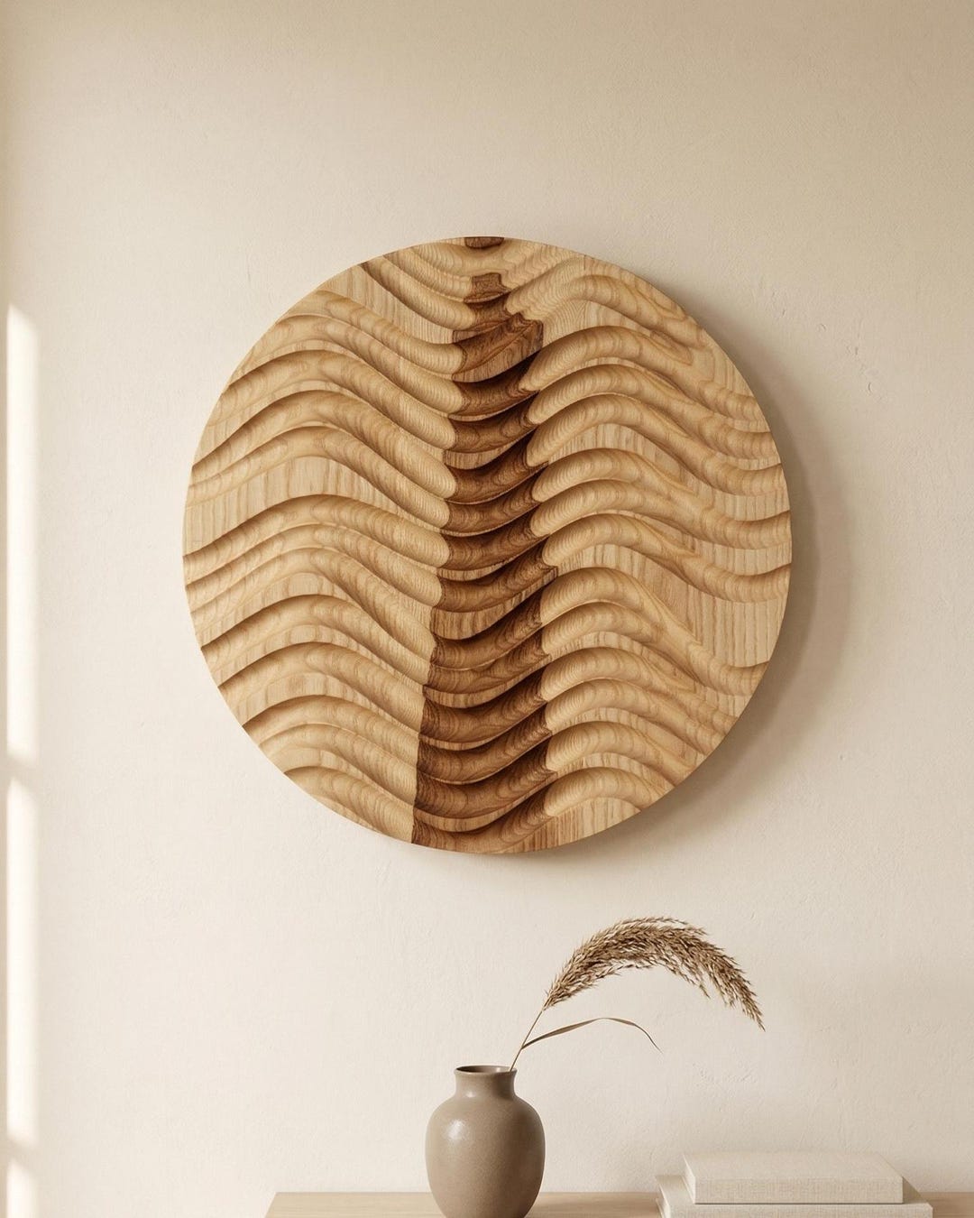 Carved Wood Wall Art Round | 3D Wave Sculpture | Handcrafted Ash Wood ...