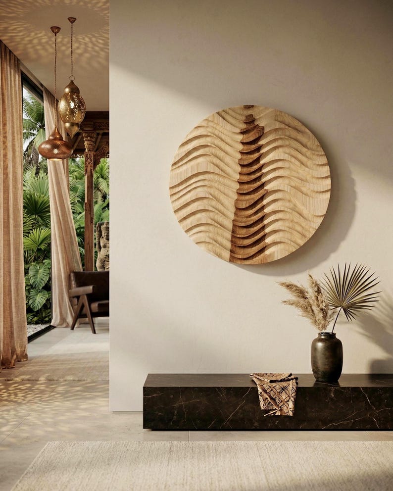 Large Round 3D Wood Wall Art - Black Wave Sculpture - Modern Wood Wall ...