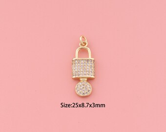 Colgante de candado, dije de llave chapado en oro de 18 quilates, candado de circonita cúbica, dijes de llave, dijes de candado DIY