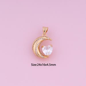 Moon Pendant,18K Gold Filled Heart Charm,Cubic Zirconia Moon,Heart Charms,DIY Moon Charms