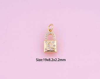 Pendentif cadenas, breloque lune en or 18 carats, cadenas zircone cubique, breloques lune, breloques cadenas bricolage