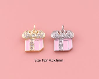 Enamel Gift Box Pendant,18K Gold Filled Gift Box Charm,Cubic Zirconia Gift Box,Gift Box Charms,DIY Gift Box Charms