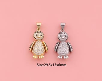 Colgante de pingüino, dije de animal relleno de oro de 18 quilates, pingüino de circonita cúbica, dijes de animales, dijes de pingüino DIY