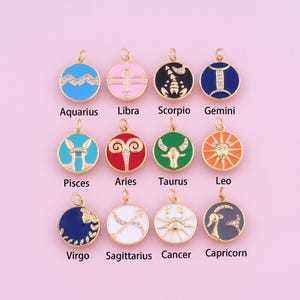 Enamel Zodiac Constellation Pendant,18K Gold Filled Horoscope Charm,Cubic Zirconia Zodiac Sign,Astrological Charms,DIY Zodiac Charms