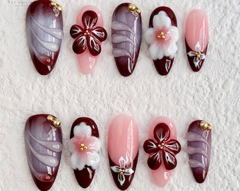 3D Sakura Press On Nails | Burgundowe różowe paznokcie kwiatowe | Ręcznie robione japońskie końcówki żelowe | Eleganckie zdobienie paznokci w kształcie kwiatów wiśni | Wielokrotnego użytku paznokcie