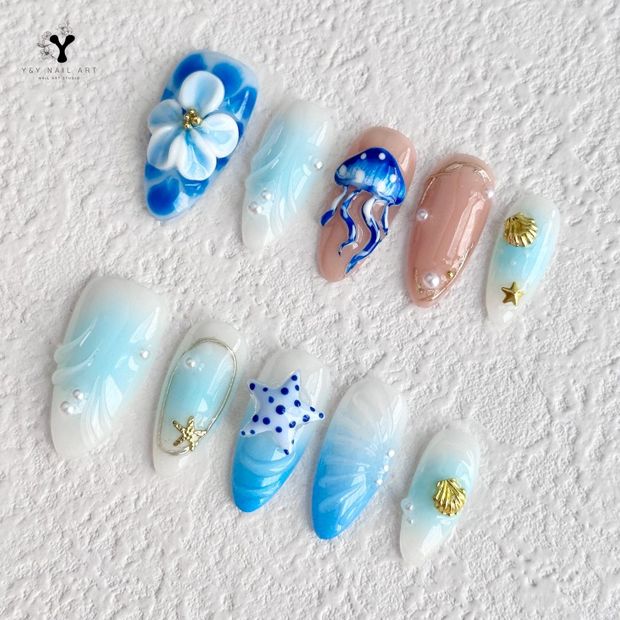 ネイルチップ ジェルネイル マーメイド 海 シェル 貝殻 夏 フレンチ 水色 ネイルチップ ジェルネイル マーメイド 海 シェル 貝殻 夏 フレンチ