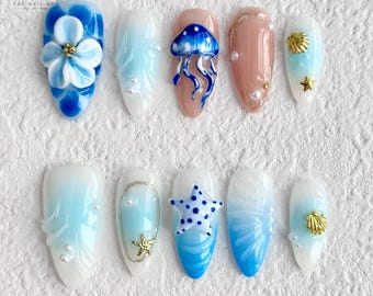 Ocean Press On Nails | Blue Jellyfish Sea Shell Nail Art | 3D Beach Gel Tips with Gold Starfish | Mermaid Core Summer Nails | Reusable Nails