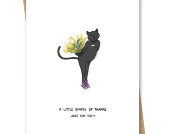 Grappige zwarte kat bedankkaart – Cat Holding Flowers
