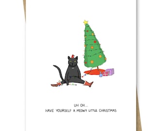 Grappige kerstkaart zwarte kat – Kat speelt met boom