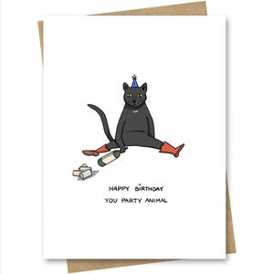 Carte d'anniversaire amusante — fêtard chat pour amis famille collègue