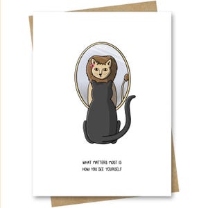 Carte de soutien, d'encouragement, de remise des diplômes et de rentrée des classes : un chat voit un lion dans un miroir | Je crois en toi,