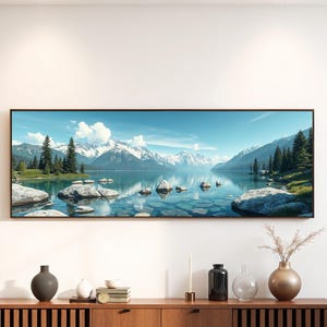 Mountain Lake Wall Art | Panoramic Nature Landscape Canvas | Alpine Forest Reflection Print | Tranquil Wilderness Decor | Cabin Artwork